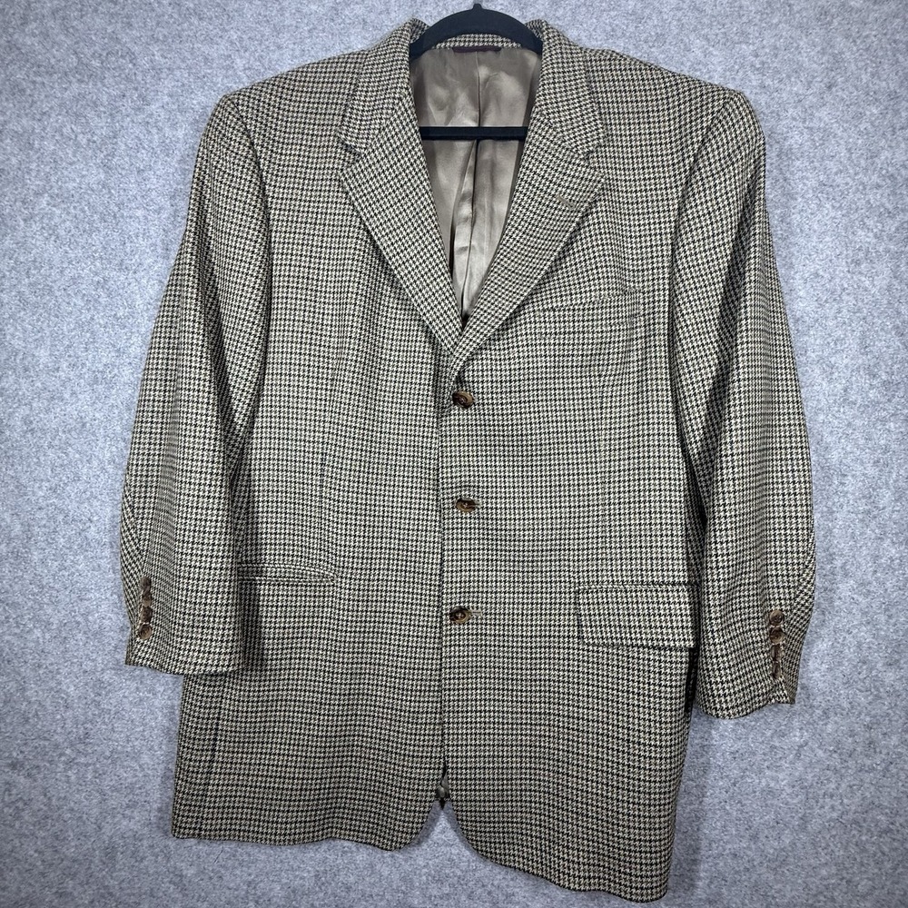 Hart Schaffner & Marx Mens 43R Tweed Wool Houndstooth Sport Coat Beige Black